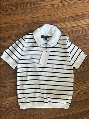 Zara White & Black Striped Polo-Collar Knit Top